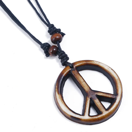 "Vintage-Inspired Unisex Peace Sign Necklace – Resin Pendant on Adjustable Black Cord, Hippie Boho Style Jewelry for 60s & 70s Lovers"