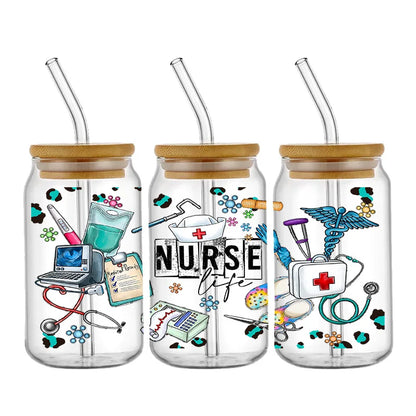 Doctor & Nurse Appreciation 3D UV DTF Cup Wrap – 16oz Libbey Glass Transfer | Waterproof DIY Decal for Glass, Ceramic & Metal