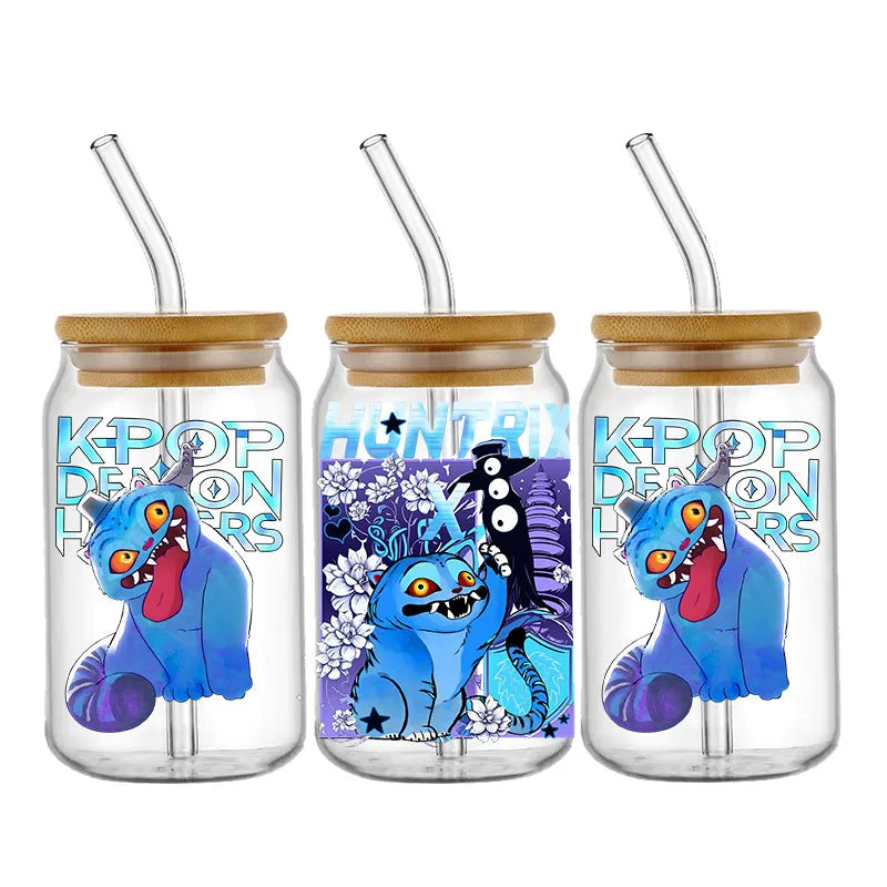 Demon Hunters Team K-Pop Boy Band UV DTF Cup Wrap – 16oz Libbey Glass Can Transfer | Waterproof & Permanent