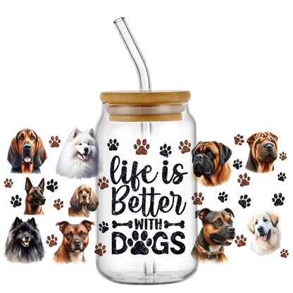 Cute Dog & Puppy UV DTF Cup Wrap – 16oz Libbey Glass Can Transfer | Waterproof Pet Lover DIY Decal