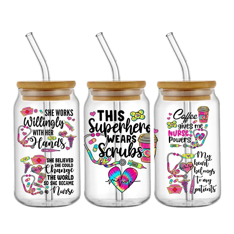 Doctor & Nurse Appreciation 3D UV DTF Cup Wrap – 16oz Libbey Glass Transfer | Waterproof DIY Decal for Glass, Ceramic & Metal