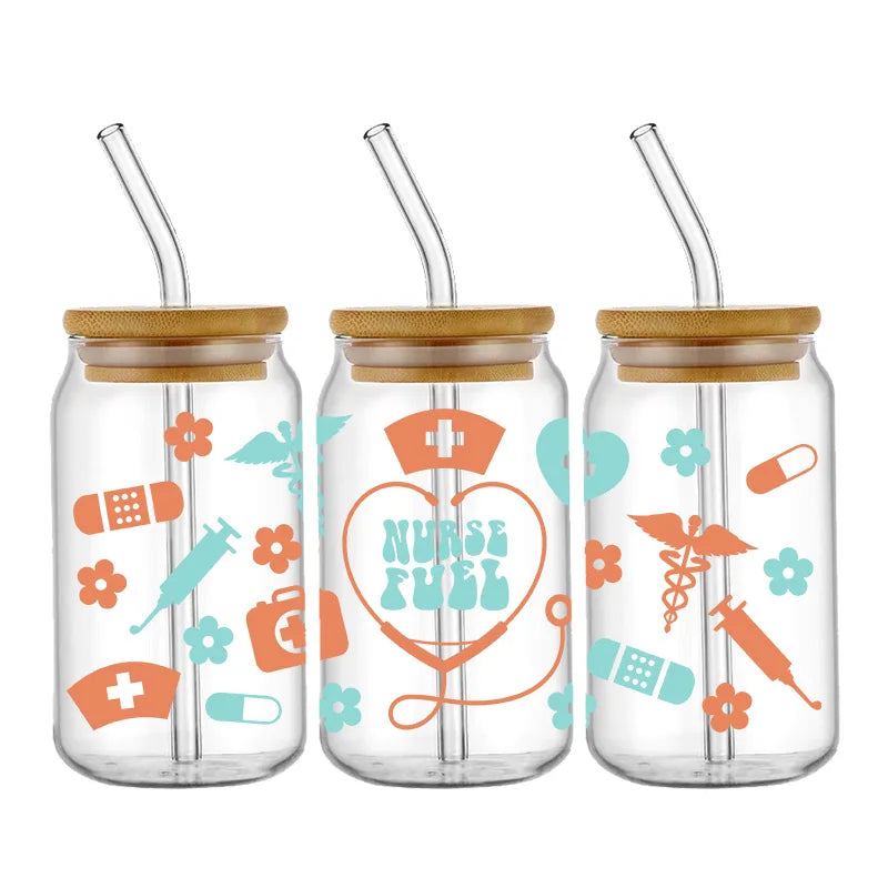 Doctor & Nurse Appreciation 3D UV DTF Cup Wrap – 16oz Libbey Glass Transfer | Waterproof DIY Decal for Glass, Ceramic & Metal