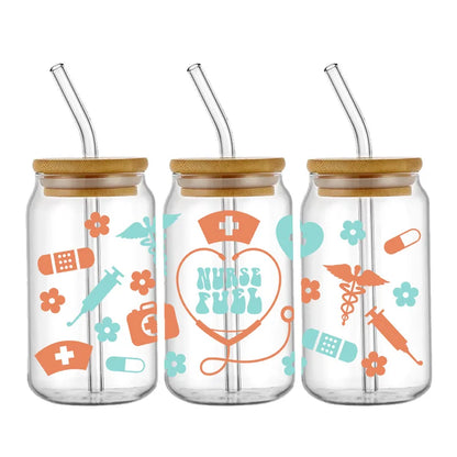 Doctor & Nurse Appreciation 3D UV DTF Cup Wrap – 16oz Libbey Glass Transfer | Waterproof DIY Decal for Glass, Ceramic & Metal
