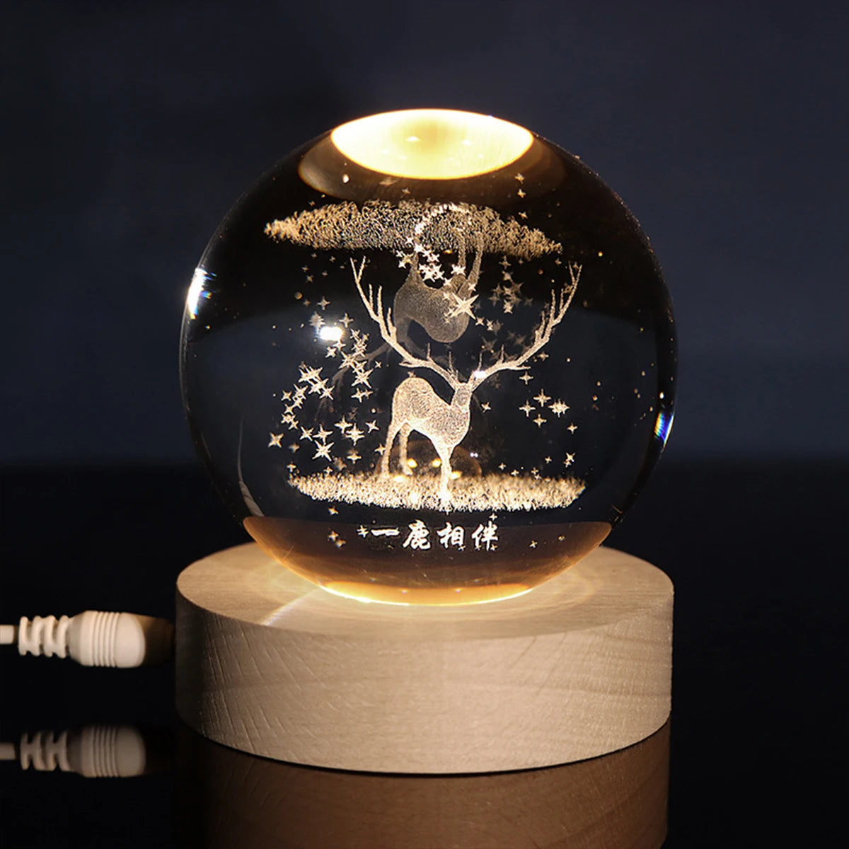 Glowing Crystal Night Light Inside Carved Glass Ball A Deer With The Planet Desktop Ornaments For Women Birthday Gift