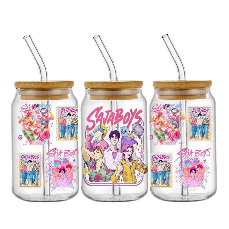 Demon Hunters Team K-Pop Boy Band UV DTF Cup Wrap – 16oz Libbey Glass Can Transfer | Waterproof & Permanent