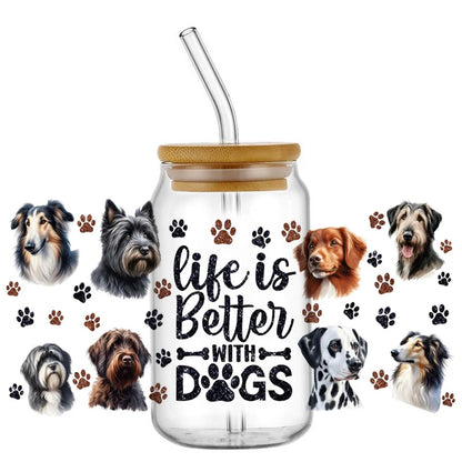 Cute Dog & Puppy UV DTF Cup Wrap – 16oz Libbey Glass Can Transfer | Waterproof Pet Lover DIY Decal