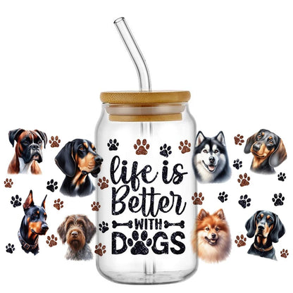 Cute Dog & Puppy UV DTF Cup Wrap – 16oz Libbey Glass Can Transfer | Waterproof Pet Lover DIY Decal
