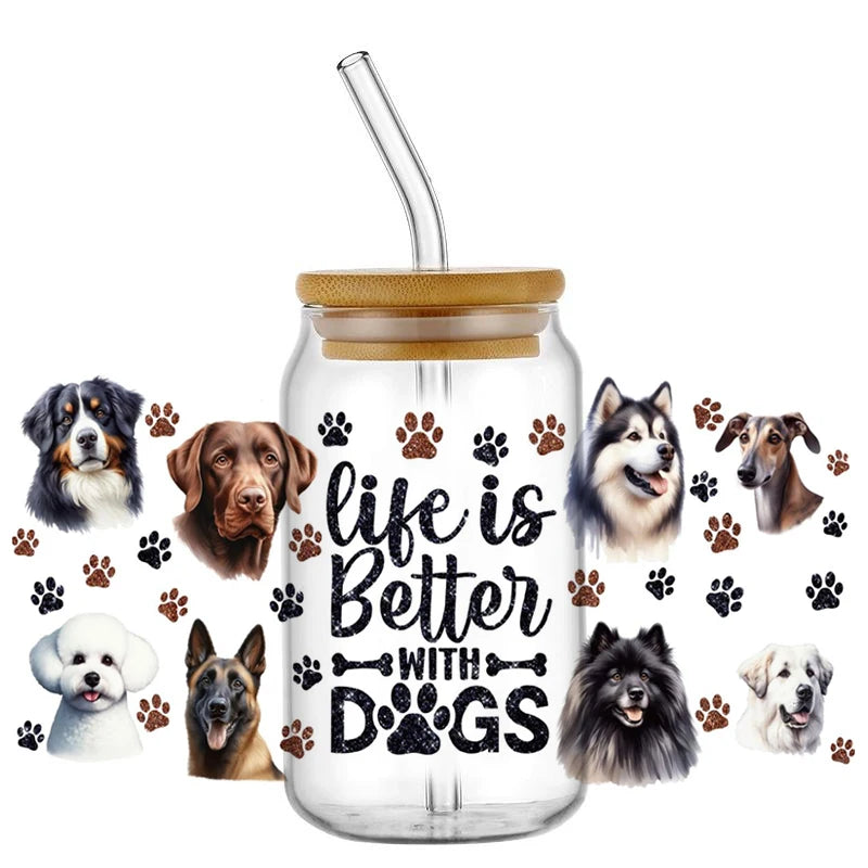 Cute Dog & Puppy UV DTF Cup Wrap – 16oz Libbey Glass Can Transfer | Waterproof Pet Lover DIY Decal