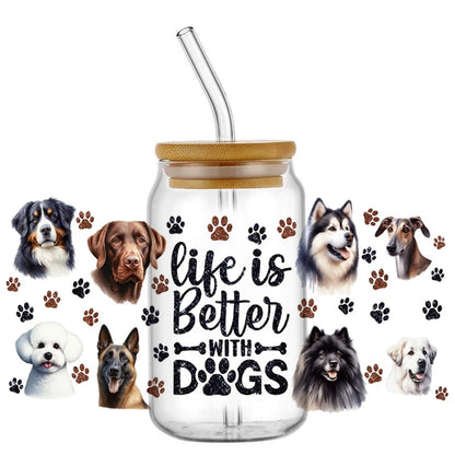 Cute Dog & Puppy UV DTF Cup Wrap – 16oz Libbey Glass Can Transfer | Waterproof Pet Lover DIY Decal