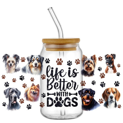 Cute Dog & Puppy UV DTF Cup Wrap – 16oz Libbey Glass Can Transfer | Waterproof Pet Lover DIY Decal