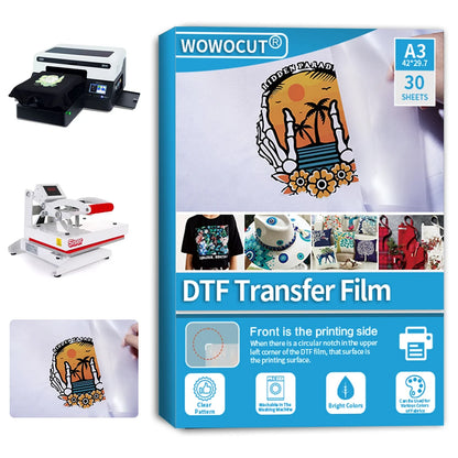 WOWOCUT A3 DTF Transfer Film (100 Sheets) – Premium Direct to Film PET Paper for Light & Dark Fabrics