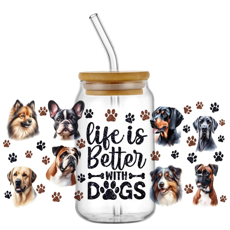 Cute Dog & Puppy UV DTF Cup Wrap – 16oz Libbey Glass Can Transfer | Waterproof Pet Lover DIY Decal