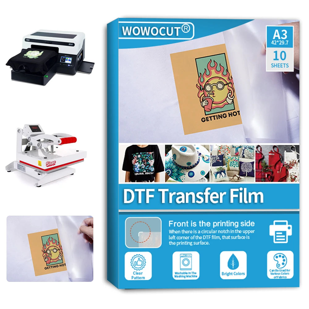 WOWOCUT A3 DTF Transfer Film (100 Sheets) – Premium Direct to Film PET Paper for Light & Dark Fabrics