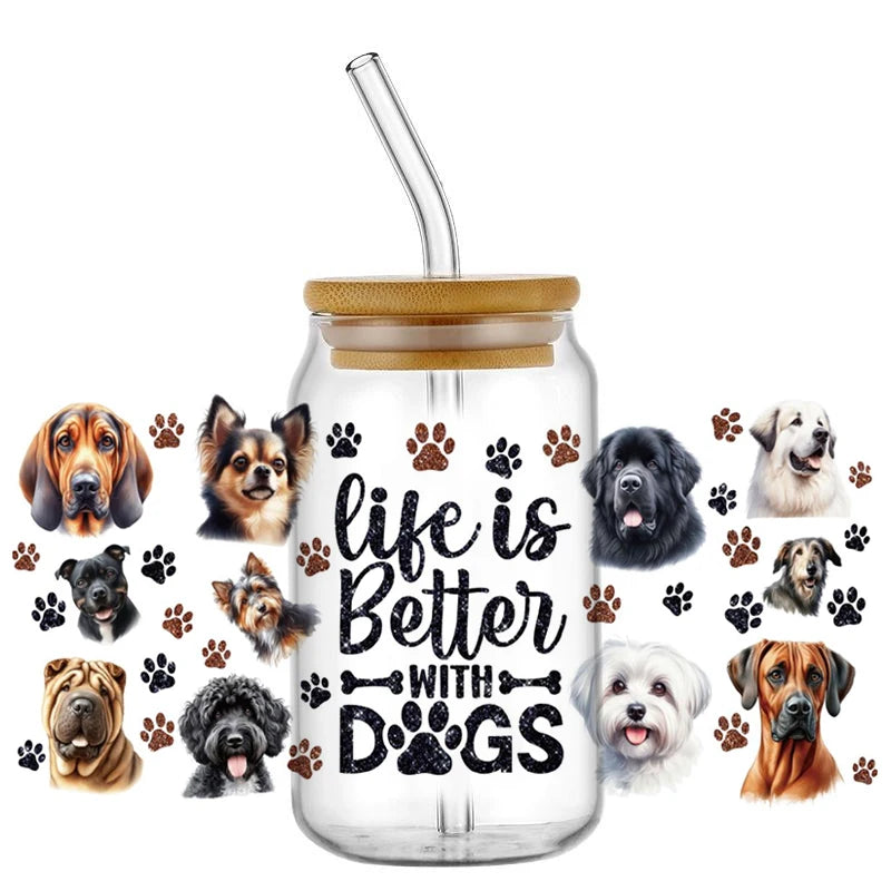 Cute Dog & Puppy UV DTF Cup Wrap – 16oz Libbey Glass Can Transfer | Waterproof Pet Lover DIY Decal