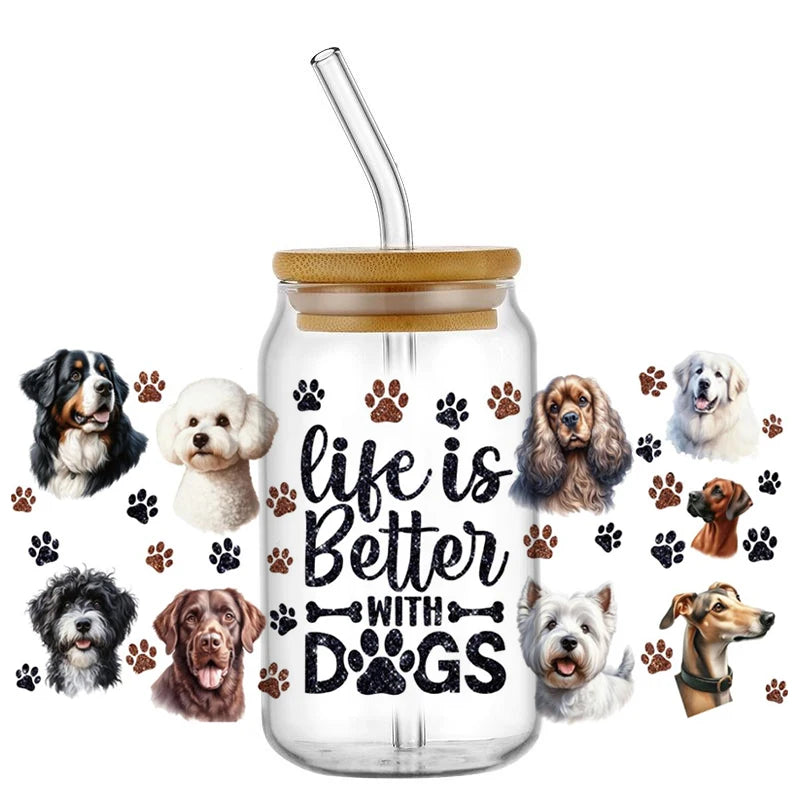 Cute Dog & Puppy UV DTF Cup Wrap – 16oz Libbey Glass Can Transfer | Waterproof Pet Lover DIY Decal