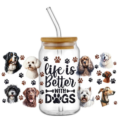Cute Dog & Puppy UV DTF Cup Wrap – 16oz Libbey Glass Can Transfer | Waterproof Pet Lover DIY Decal