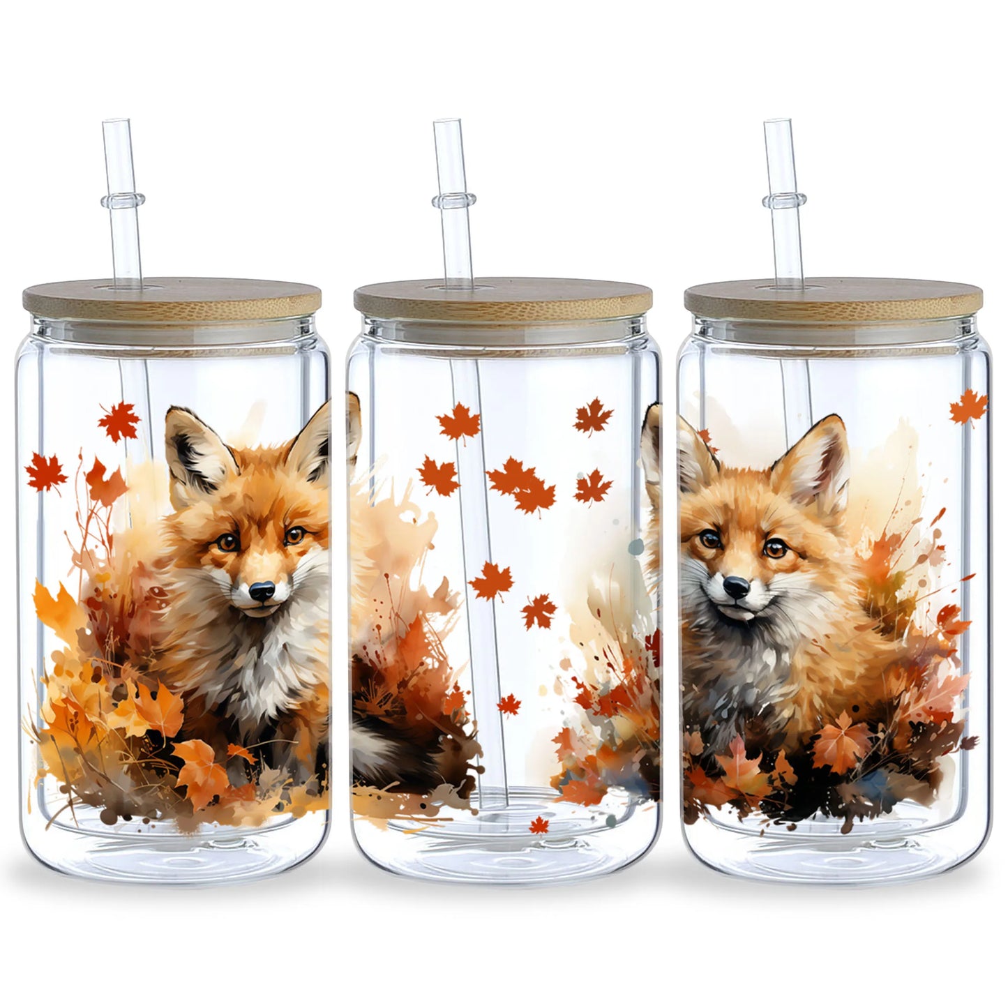 5-Pack Cute Fox UV DTF Cup Wraps – 16oz Libbey Glass Can Transfers | Waterproof Woodland Animal Stickers