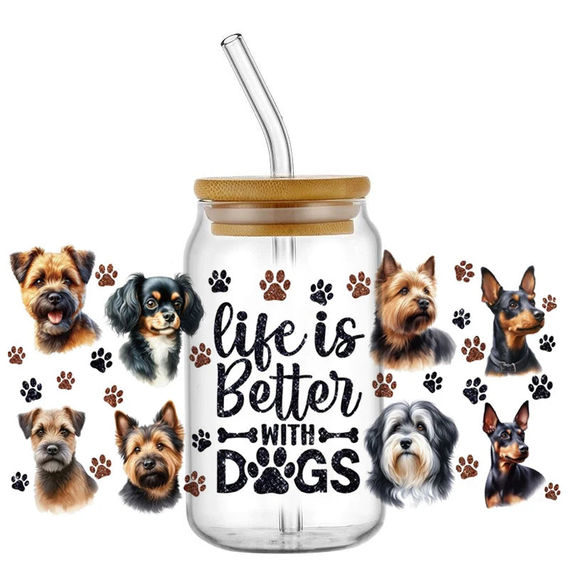 Cute Dog & Puppy UV DTF Cup Wrap – 16oz Libbey Glass Can Transfer | Waterproof Pet Lover DIY Decal