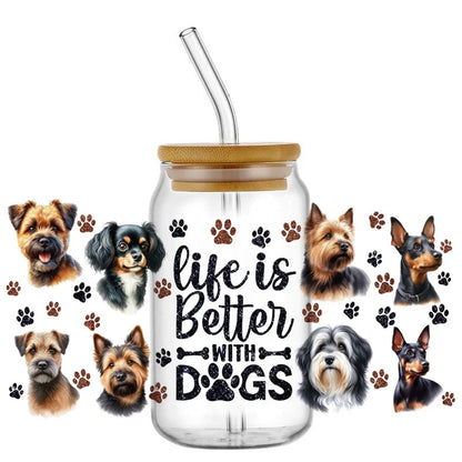 Cute Dog & Puppy UV DTF Cup Wrap – 16oz Libbey Glass Can Transfer | Waterproof Pet Lover DIY Decal