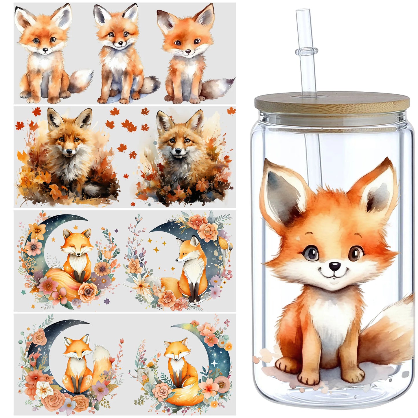5-Pack Cute Fox UV DTF Cup Wraps – 16oz Libbey Glass Can Transfers | Waterproof Woodland Animal Stickers