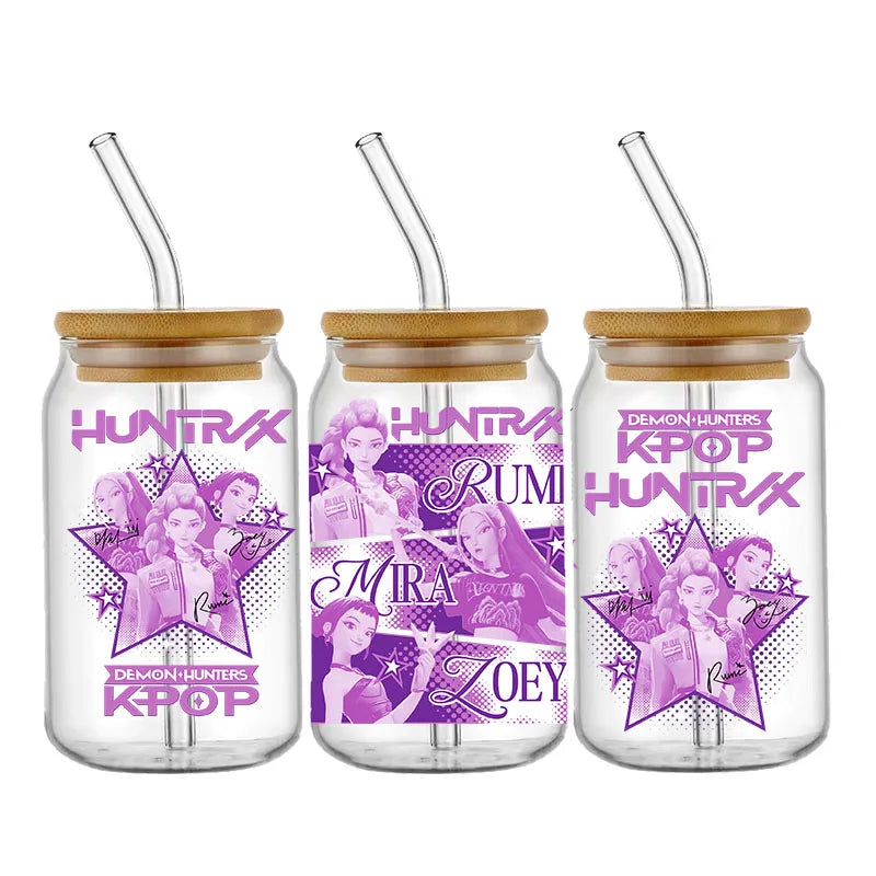 Demon Hunters Team K-Pop Boy Band UV DTF Cup Wrap – 16oz Libbey Glass Can Transfer | Waterproof & Permanent