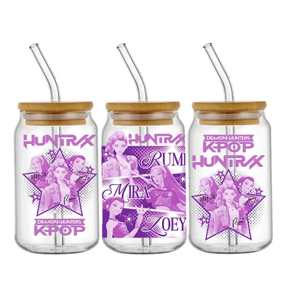 Demon Hunters Team K-Pop Boy Band UV DTF Cup Wrap – 16oz Libbey Glass Can Transfer | Waterproof & Permanent