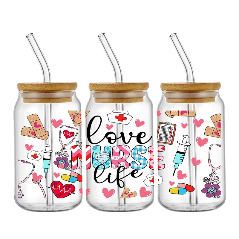 Doctor & Nurse Appreciation 3D UV DTF Cup Wrap – 16oz Libbey Glass Transfer | Waterproof DIY Decal for Glass, Ceramic & Metal