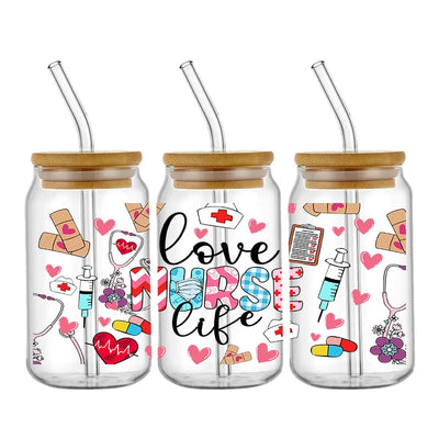 Doctor & Nurse Appreciation 3D UV DTF Cup Wrap – 16oz Libbey Glass Transfer | Waterproof DIY Decal for Glass, Ceramic & Metal