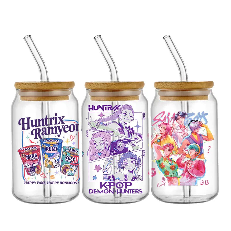 Demon Hunters Team K-Pop Boy Band UV DTF Cup Wrap – 16oz Libbey Glass Can Transfer | Waterproof & Permanent