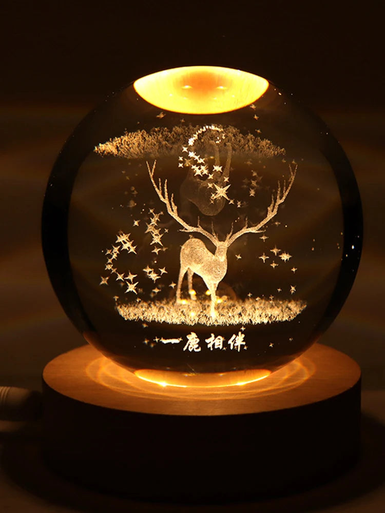 Glowing Crystal Night Light Inside Carved Glass Ball A Deer With The Planet Desktop Ornaments For Women Birthday Gift