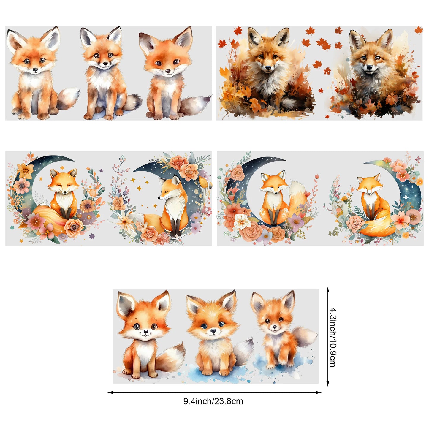 5-Pack Cute Fox UV DTF Cup Wraps – 16oz Libbey Glass Can Transfers | Waterproof Woodland Animal Stickers