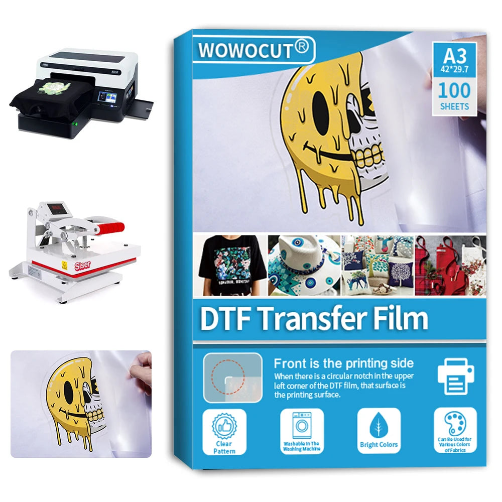 WOWOCUT A3 DTF Transfer Film (100 Sheets) – Premium Direct to Film PET Paper for Light & Dark Fabrics