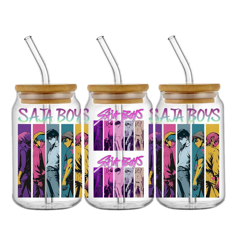 Demon Hunters Team K-Pop Boy Band UV DTF Cup Wrap – 16oz Libbey Glass Can Transfer | Waterproof & Permanent