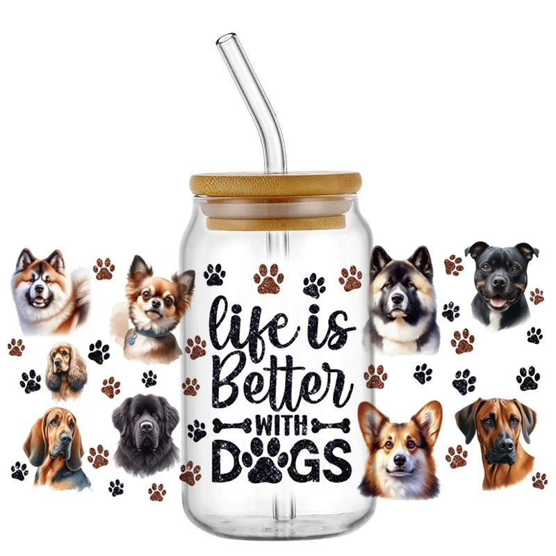 Cute Dog & Puppy UV DTF Cup Wrap – 16oz Libbey Glass Can Transfer | Waterproof Pet Lover DIY Decal