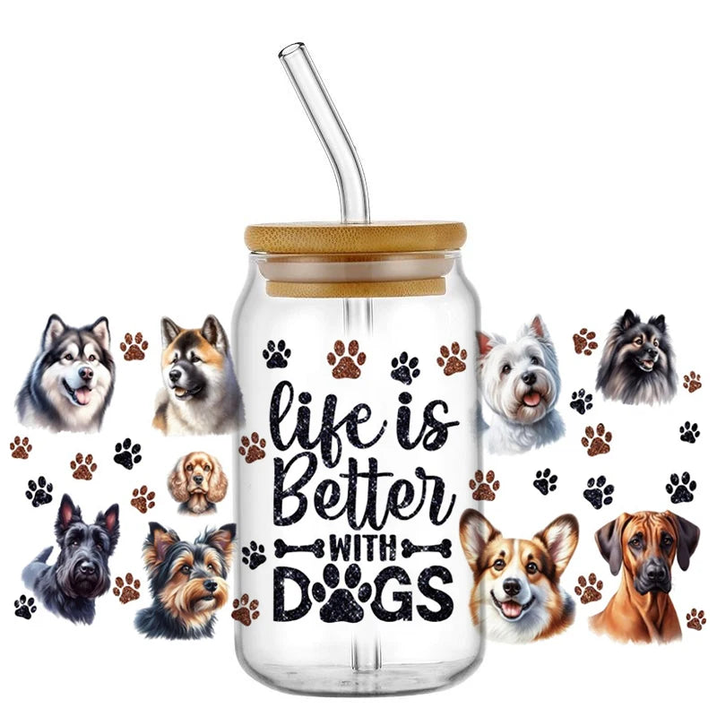 Cute Dog & Puppy UV DTF Cup Wrap – 16oz Libbey Glass Can Transfer | Waterproof Pet Lover DIY Decal