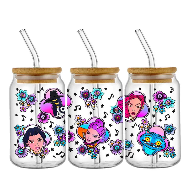 Demon Hunters Team K-Pop Boy Band UV DTF Cup Wrap – 16oz Libbey Glass Can Transfer | Waterproof & Permanent