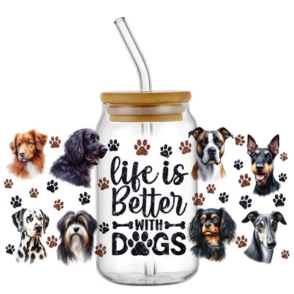 Cute Dog & Puppy UV DTF Cup Wrap – 16oz Libbey Glass Can Transfer | Waterproof Pet Lover DIY Decal
