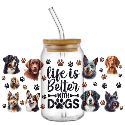 Cute Dog & Puppy UV DTF Cup Wrap – 16oz Libbey Glass Can Transfer | Waterproof Pet Lover DIY Decal