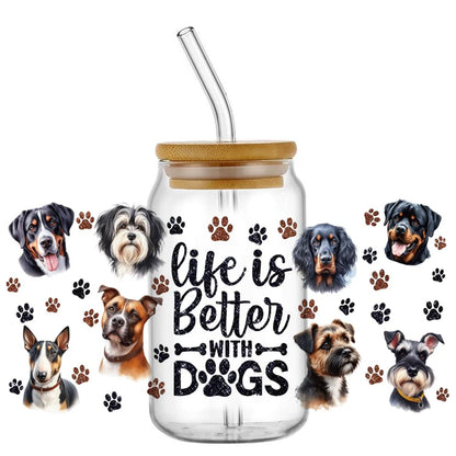 Cute Dog & Puppy UV DTF Cup Wrap – 16oz Libbey Glass Can Transfer | Waterproof Pet Lover DIY Decal