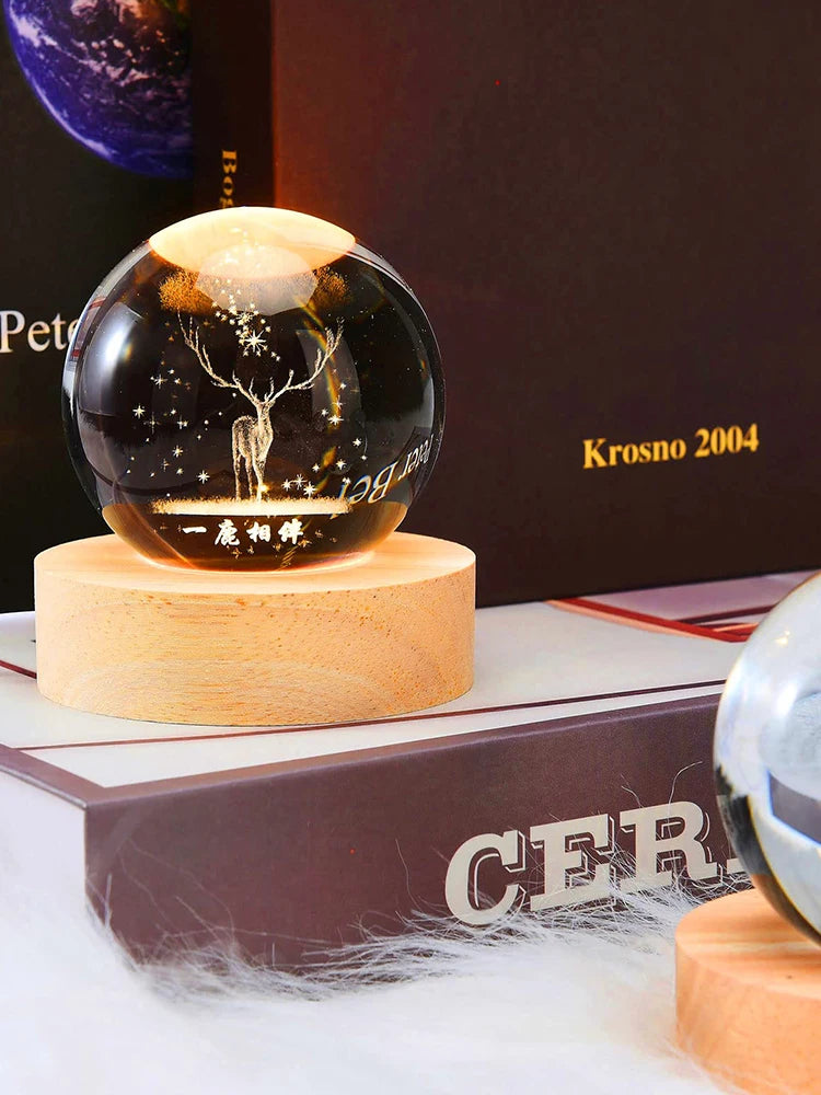 Glowing Crystal Night Light Inside Carved Glass Ball A Deer With The Planet Desktop Ornaments For Women Birthday Gift