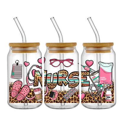 Doctor & Nurse Appreciation 3D UV DTF Cup Wrap – 16oz Libbey Glass Transfer | Waterproof DIY Decal for Glass, Ceramic & Metal